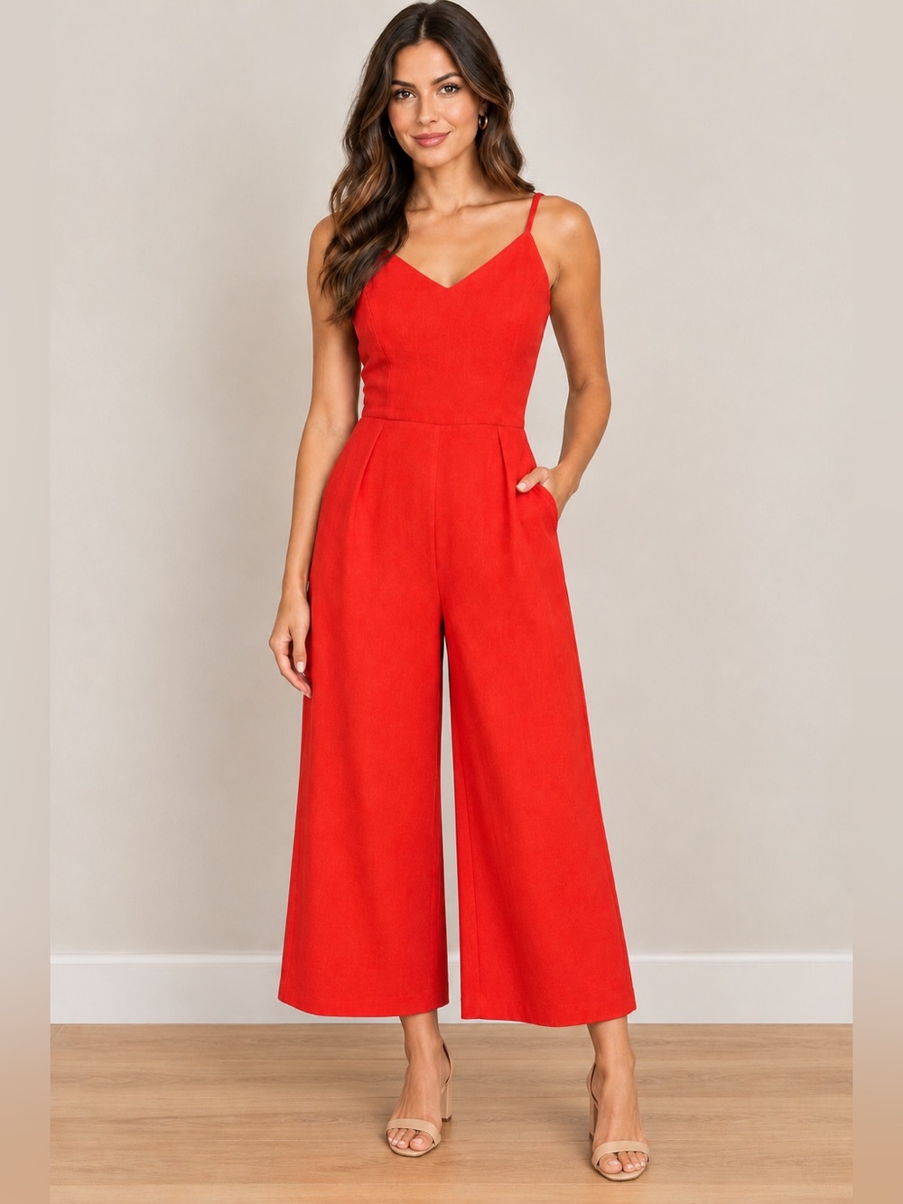 Gianni Bini GB Wide Leg Cropped Red Jumpsuit Spaghetti Straps Women Large L